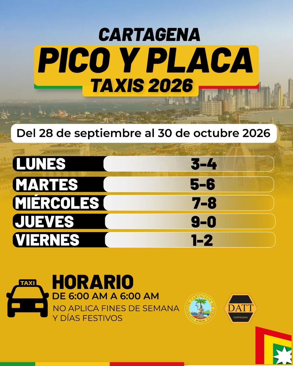 Nueva rotaci&oacute;n del pico y placa para taxis en cartagena 